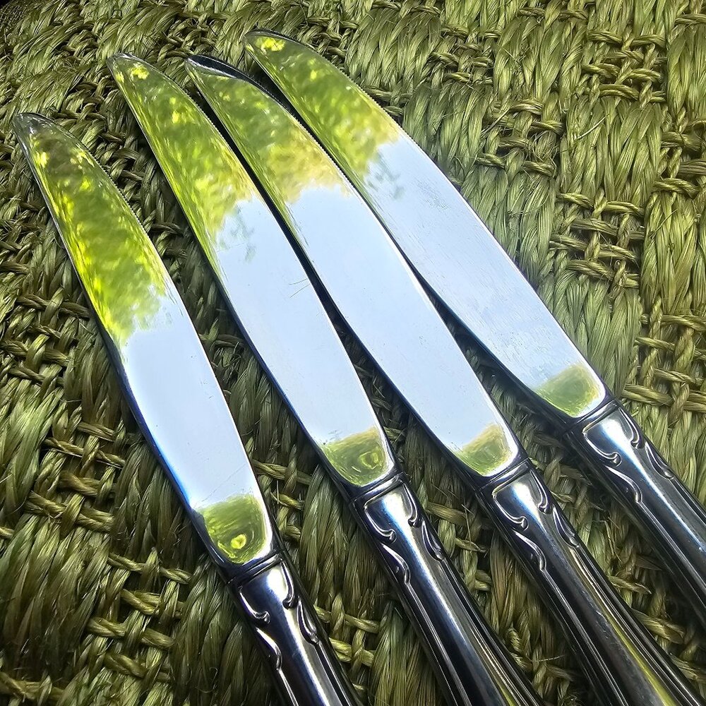 4 Oneida Strathmore Dinner Knives 9"  stainless scrolls classic romantic timeles - Picture 4 of 5